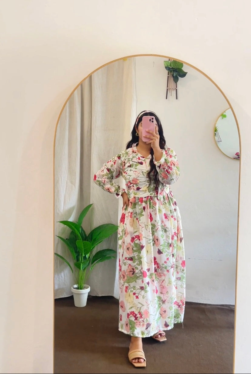 SQUARISH CREAM GLACIAL MAXI - CHIFFON DRESS ( INNER ATTACHED )